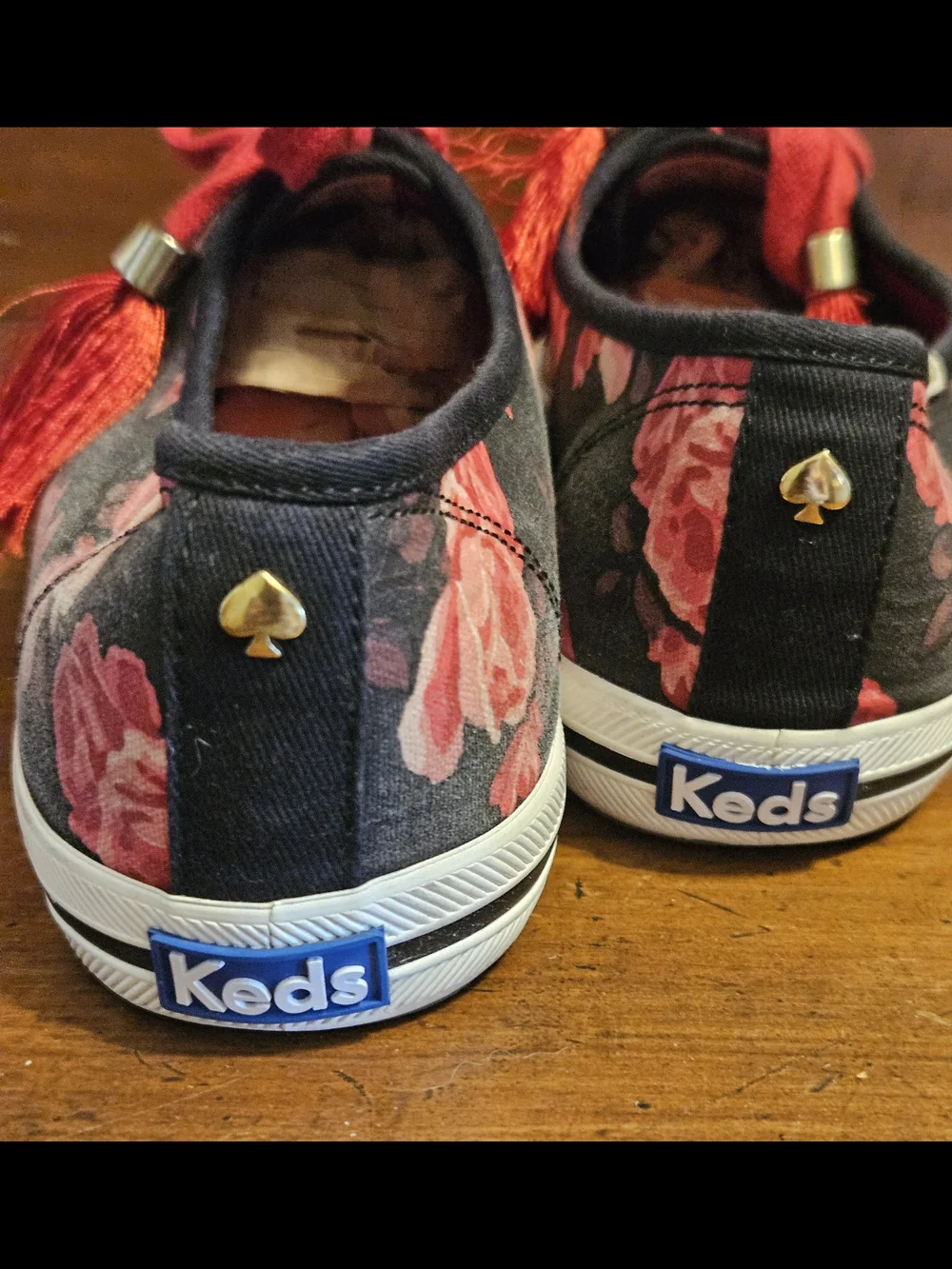 kate spade Black Sneakers with Red Floral Print and Red Tassels